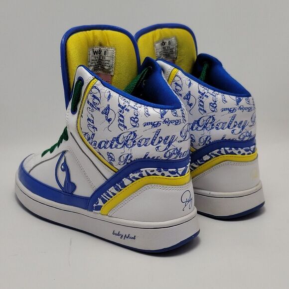Baby Phat Y2K Women's Cat High Top Leather Sneakers Size 8 White Blue Yellow - Picture 4 of 13